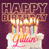 A colorful birthday cake topped with lit candles, with the words 'Happy Birthday Gittan' in bold glowing letters on a burgundy background. Animated flames add a festive touch.
