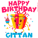 A vibrant and funny gift box character with a happy face dancing with a cupcake and the text 'Happy Birthday Gittan,' surrounded by animated confetti and party vibes.