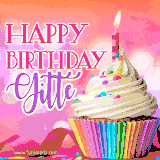 A vibrant birthday GIF featuring a rainbow-colored cupcake topped with white frosting, sprinkles, and a lit candle. The text reads 'Happy Birthday Gitte' in bold pink and violet letters with white outline.