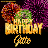 A golden 'Happy Birthday Gitte' message with vibrant fireworks in the background, creating a festive and celebratory vibe in this animated name GIF.