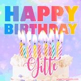 A vibrant animated name GIF with the words 'Happy Birthday Gitte' with colorful candles on a creamy cake. The background sparkles with pastel shades, adding a festive touch.