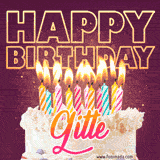 A colorful birthday cake topped with lit candles, with the words 'Happy Birthday Gitte' in bold glowing letters on a burgundy background. Animated flames add a festive touch.