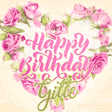 A stunning heart made of pink roses surrounds the elegant script text 'Happy Birthday Gitte' on a soft beige background. Animated sparkles add a magical and festive feel.