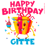 A vibrant and funny gift box character with a happy face dancing with a cupcake and the text 'Happy Birthday Gitte,' surrounded by animated confetti and party vibes.