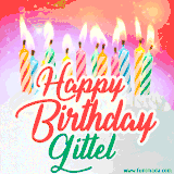 Bright birthday candles with rainbow flames on a cake, alongside the text 'Happy Birthday Gittel' in vibrant script in this celebratory animated GIF.