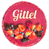 Beautifully decorated red velvet berry birthday cake with vibrant fruits and a glowing 'Gittel' name, adding a touch of sweetness and sparkle.