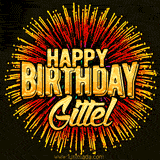 Golden 'Happy Birthday Gittel' text accompanied by animated rainbow fireworks for a festive animated greeting.
