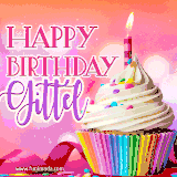 A vibrant birthday GIF featuring a rainbow-colored cupcake topped with white frosting, sprinkles, and a lit candle. The text reads 'Happy Birthday Gittel' in bold pink and violet letters with white outline.
