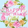 A charming animated GIF featuring 'Happy Birthday Gittel' in pink and green text, surrounded by delicate roses, leaves, and fluttering butterflies on a soft light blue pastel background.