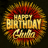 Golden 'Happy Birthday Giulia' text accompanied by animated rainbow fireworks for a festive animated greeting.