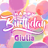 A vibrant name GIF featuring colorful balloons in shades of pink, orange, and yellow with the bold text 'Happy Birthday Giulia' in festive fonts, creating a lively birthday vibe.