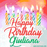 Bright birthday candles with rainbow flames on a cake, alongside the text 'Happy Birthday Giuliana' in vibrant script in this celebratory animated GIF.