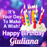A colorful birthday GIF for Giuliana featuring a cupcake with vibrant lit candles and the text 'It's Your Day to Make a Wish! Happy Birthday Giuliana' in bold letters on a festive purple background.