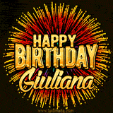 Golden 'Happy Birthday Giuliana' text accompanied by animated rainbow fireworks for a festive animated greeting.