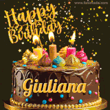 A delightful chocolate birthday cake with bright candles and 'Happy Birthday Giuliana' written in gold amidst a shower of animated stars.