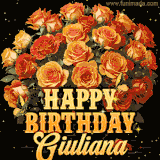 Animated bouquet of orange roses with moving butterfles and golden 'Happy Birthday Giuliana' text, surrounded by sparkling accents and a dark backdrop for a luxurious feel.