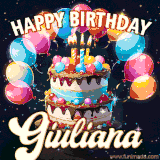 Bright birthday animation for Giuliana with a chocolate cake, candles, balloons, and glowing celebratory lights.