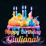 A mesmerizing animated cake with multicolor frosting and candles, and the words 'Happy Birthday Giuliana' on the black background.