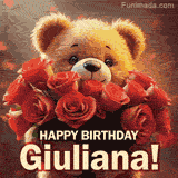 Cinematic style cute animated teddy bear with charming features holding a large bouquet of red roses, the words say 'Happy Birthday Giuliana' in sans serif font.