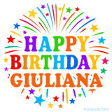 Happy Birthday Giuliana' GIF with rainbow-colored letters, colorful stars, and fireworks on white background.
