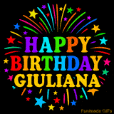 Personalized greeting card with name, colorful text that says 'Happy Birthday Giuliana' surrounded by animated fireworks and multicolor stars