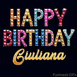 Vibrant luxury birthday greeting card for Giuliana, showing glittering gemstone letters and golden calligraphy on a dark background with twinkling shine effects.