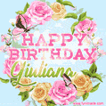 A charming animated GIF featuring 'Happy Birthday Giuliana' in pink and green text, surrounded by delicate roses, leaves, and fluttering butterflies on a soft light blue pastel background.