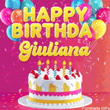 Pink-themed animated greeting with balloons, confetti, and a frosted cake under the message 'Happy Birthday Giuliana' in bold rounded yellow font.