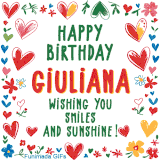 A colorful animated card for Giuliana’s birthday featuring playful hearts, cheerful flowers, and a handwritten message wishing smiles and sunshine.