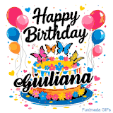 An animated birthday card for Giuliana. It features a festive cake with her name, 'Giuliana', and colorful butterflies. Floating balloons and hearts complete the joyful scene.