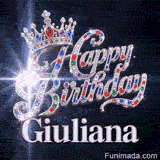 Festive queen crown GIF with Giuliana's name, decorated with colorful rubies, sapphires, and a sparkly lens flare.