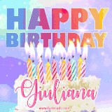A vibrant animated name GIF with the words 'Happy Birthday Giuliana' with colorful candles on a creamy cake. The background sparkles with pastel shades, adding a festive touch.