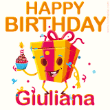 A vibrant and funny gift box character with a happy face dancing with a cupcake and the text 'Happy Birthday Giuliana,' surrounded by animated confetti and party vibes.
