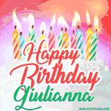 Bright birthday candles with rainbow flames on a cake, alongside the text 'Happy Birthday Giulianna' in vibrant script in this celebratory animated GIF.