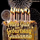 A chocolate birthday cake with glowing candles, the German text 'Alles Gute zum Geburtstag Giulianna,' and vibrant fireworks lighting up the background in an animated GIF.