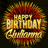Golden 'Happy Birthday Giulianna' text accompanied by animated rainbow fireworks for a festive animated greeting.