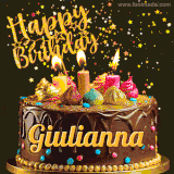 A delightful chocolate birthday cake with bright candles and 'Happy Birthday Giulianna' written in gold amidst a shower of animated stars.