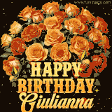 Animated bouquet of orange roses with moving butterfles and golden 'Happy Birthday Giulianna' text, surrounded by sparkling accents and a dark backdrop for a luxurious feel.