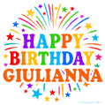 Happy Birthday Giulianna' GIF with rainbow-colored letters, colorful stars, and fireworks on white background.