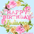 A charming animated GIF featuring 'Happy Birthday Giulianna' in pink and green text, surrounded by delicate roses, leaves, and fluttering butterflies on a soft light blue pastel background.