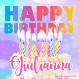 A vibrant animated name GIF with the words 'Happy Birthday Giulianna' with colorful candles on a creamy cake. The background sparkles with pastel shades, adding a festive touch.