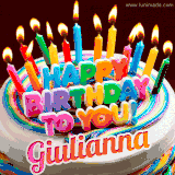 A colorful birthday cake topped with lit candles, with the words 'Happy Birthday Giulianna' in bold glowing letters on a burgundy background. Animated flames add a festive touch.