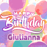 A vibrant name GIF featuring colorful balloons in shades of pink, orange, and yellow with the bold text 'Happy Birthday Giulianna' in festive fonts, creating a lively birthday vibe.