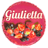 Beautifully decorated red velvet berry birthday cake with vibrant fruits and a glowing 'Giulietta' name, adding a touch of sweetness and sparkle.