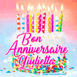 A white birthday cake covered in colorful sprinkles, topped with bright candles, and French text 'Bon Anniversaire Giulietta' on a pastel gradient background in an animated GIF.