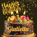 A delightful chocolate birthday cake with bright candles and 'Happy Birthday Giulietta' written in gold amidst a shower of animated stars.