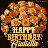 Animated bouquet of orange roses with moving butterfles and golden 'Happy Birthday Giulietta' text, surrounded by sparkling accents and a dark backdrop for a luxurious feel.