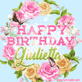 A charming animated GIF featuring 'Happy Birthday Giulietta' in pink and green text, surrounded by delicate roses, leaves, and fluttering butterflies on a soft light blue pastel background.