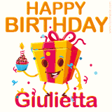 A vibrant and funny gift box character with a happy face dancing with a cupcake and the text 'Happy Birthday Giulietta,' surrounded by animated confetti and party vibes.