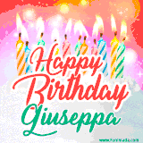 Bright birthday candles with rainbow flames on a cake, alongside the text 'Happy Birthday Giuseppa' in vibrant script in this celebratory animated GIF.